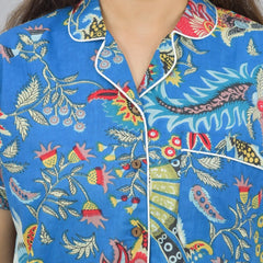 Pure Cotton Women's Night Suit Set - Sea Flower Print Loungewear Shorts Set, Breathable Sleepwear - Blue