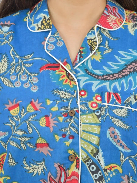 Pure Cotton Women's Night Suit Set - Sea Flower Print Loungewear Shorts Set, Breathable Sleepwear - Blue