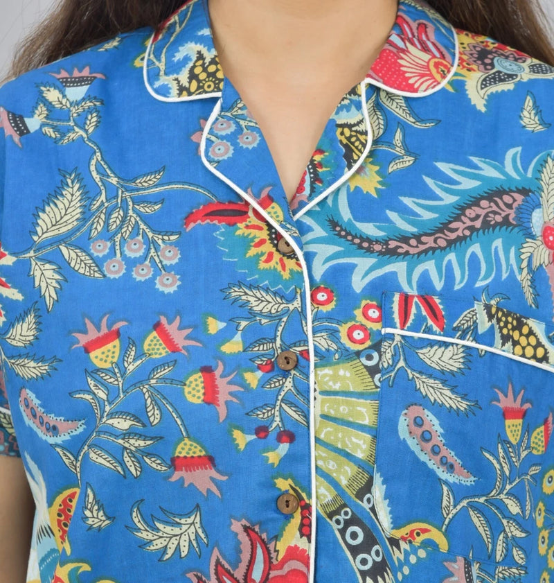 Pure Cotton Women's Night Suit Set - Sea Flower Print Loungewear Shorts Set, Breathable Sleepwear - Blue