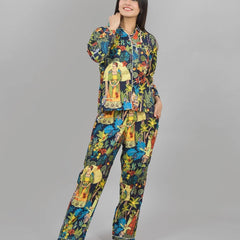 100% Pure Cotton Frida Print Pajama Set - Soft Blue Cotton Pants & Shirt Set for Women