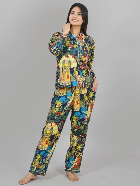 100% Pure Cotton Frida Print Pajama Set - Soft Blue Cotton Pants & Shirt Set for Women
