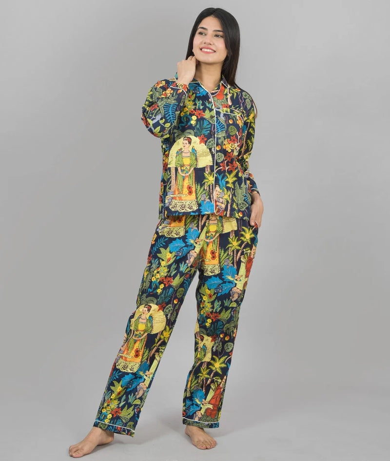 100% Pure Cotton Frida Print Pajama Set - Soft Blue Cotton Pants & Shirt Set for Women