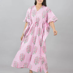 Pink Floral Cotton Kaftan with White Stripes & Pocket Lightweight Loungewear for Women & Girls