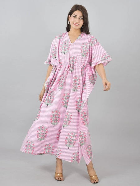 Pink Floral Cotton Kaftan with White Stripes & Pocket Lightweight Loungewear for Women & Girls