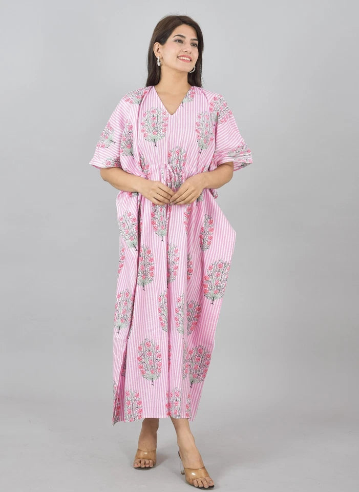 Pink Floral Cotton Kaftan with White Stripes & Pocket Lightweight Loungewear for Women & Girls