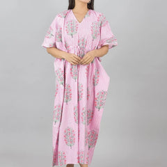 Pink Floral Cotton Kaftan with White Stripes & Pocket Lightweight Loungewear for Women & Girls