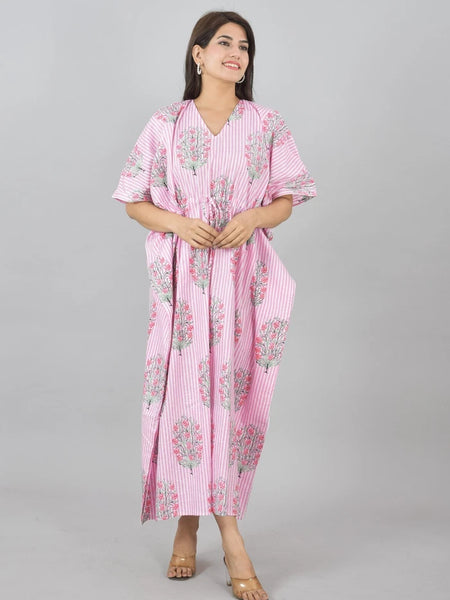 Pink Floral Cotton Kaftan with White Stripes & Pocket Lightweight Loungewear for Women & Girls