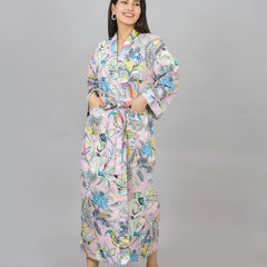 Floral Print Cotton Kimono Robe, Animal Print Pure Cotton Dressing Gown, Block Print Monkey Robe