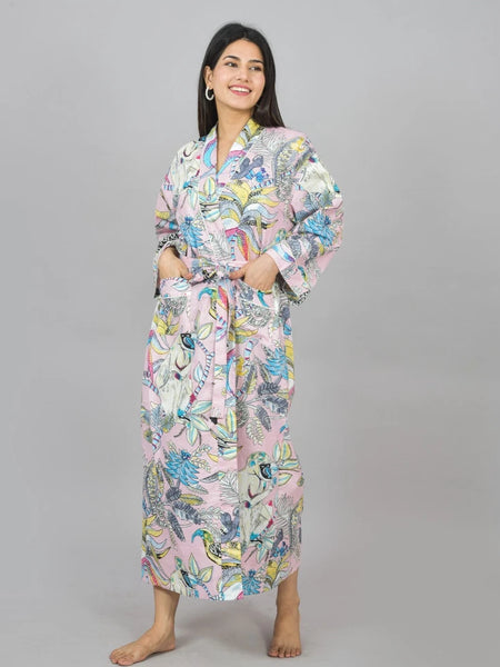 Floral Print Cotton Kimono Robe, Animal Print Pure Cotton Dressing Gown, Block Print Monkey Robe