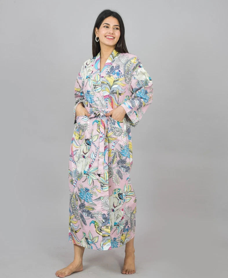 Floral Print Cotton Kimono Robe, Animal Print Pure Cotton Dressing Gown, Block Print Monkey Robe