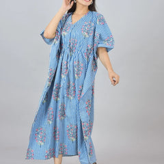 Blue Floral Cotton Kaftan with White Stripes & Pocket - Comfortable Loungewear for Women & Girls