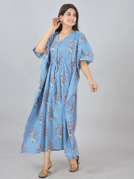 Blue Floral Cotton Kaftan with White Stripes & Pocket - Comfortable Loungewear for Women & Girls