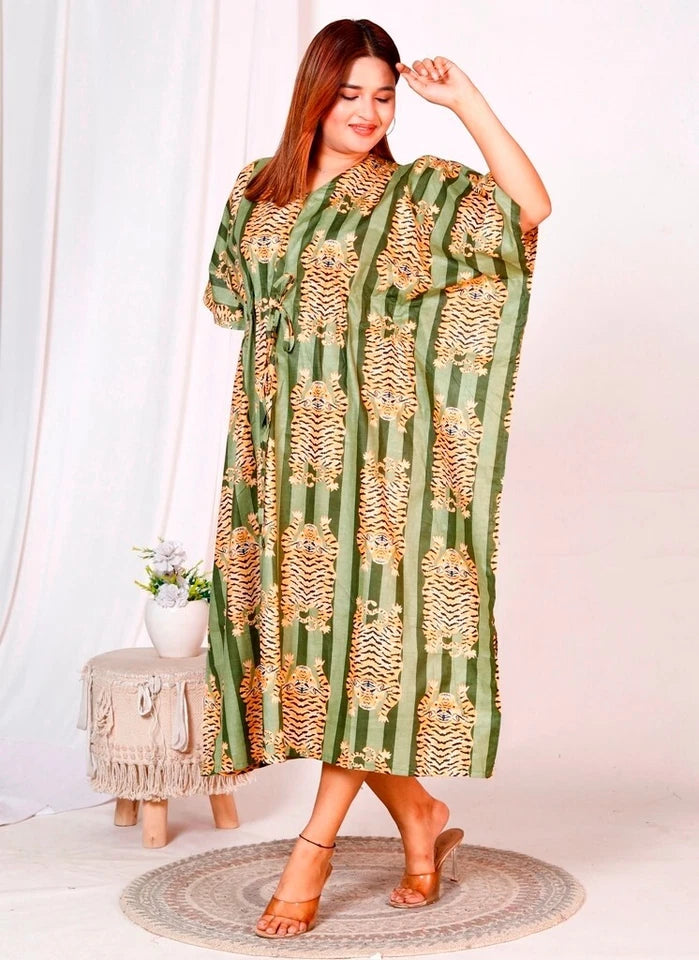 Green Tiger Print Indian Cotton Kaftan - Long Maxi Dress, Beach Cover Up, 100% Soft Cotton