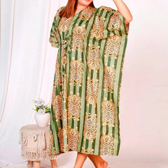 Green Tiger Print Indian Cotton Kaftan - Long Maxi Dress, Beach Cover Up, 100% Soft Cotton