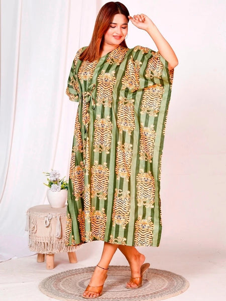 Green Tiger Print Indian Cotton Kaftan - Long Maxi Dress, Beach Cover Up, 100% Soft Cotton