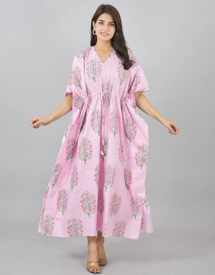 Pink Floral Cotton Kaftan with White Stripes & Pocket Lightweight Loungewear for Women & Girls