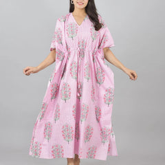 Pink Floral Cotton Kaftan with White Stripes & Pocket Lightweight Loungewear for Women & Girls