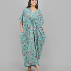 Green Floral Print Indian Cotton Kaftan Maxi Dress, Boho Beach Cover Up, Lightweight Summer Loungewear