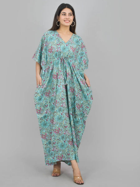 Green Floral Print Indian Cotton Kaftan Maxi Dress, Boho Beach Cover Up, Lightweight Summer Loungewear