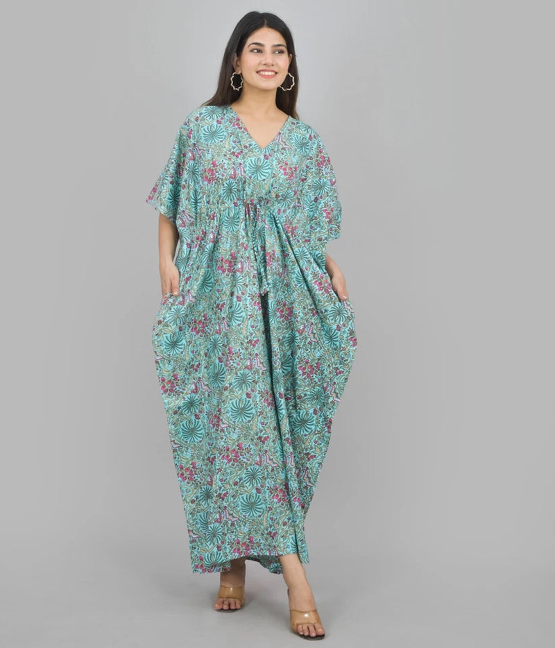 Green Floral Print Indian Cotton Kaftan Maxi Dress, Boho Beach Cover Up, Lightweight Summer Loungewear
