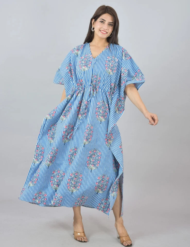 Blue Floral Cotton Kaftan with White Stripes & Pocket - Comfortable Loungewear for Women & Girls