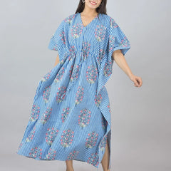 Blue Floral Cotton Kaftan with White Stripes & Pocket - Comfortable Loungewear for Women & Girls