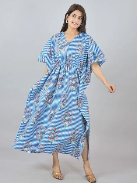 Blue Floral Cotton Kaftan with White Stripes & Pocket - Comfortable Loungewear for Women & Girls