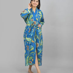 Blue Bird Floral Print Cotton Kimono Robe - Hand Block Print Bridesmaid Dressing Gown
