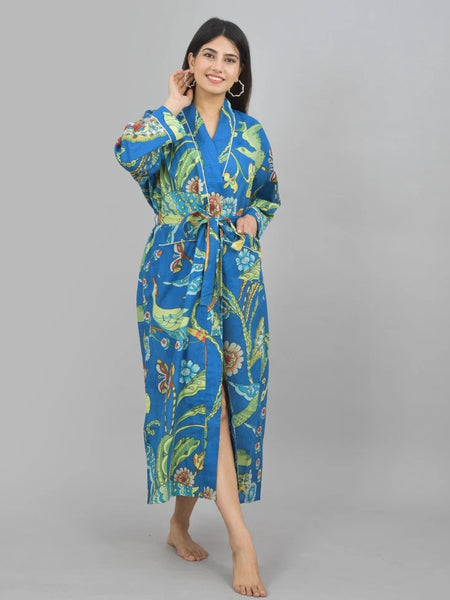 Blue Bird Floral Print Cotton Kimono Robe - Hand Block Print Bridesmaid Dressing Gown