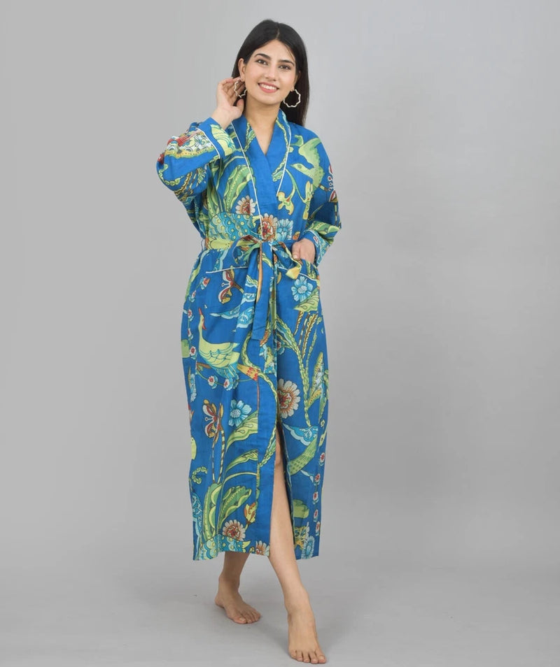 Blue Bird Floral Print Cotton Kimono Robe - Hand Block Print Bridesmaid Dressing Gown