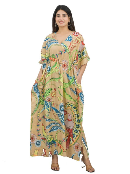 Handmade Indian Cotton Kaftan - Birds and Flower Print | Hand Block Printed Caftan Dress