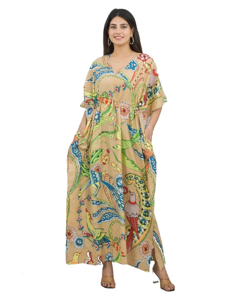 Handmade Indian Cotton Kaftan - Birds and Flower Print | Hand Block Printed Caftan Dress