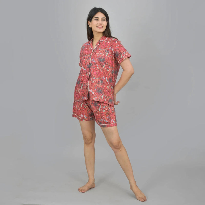 100% Pure Cotton Women's Shorts Night Suit Set - Red Flower Hand Block Print | Comfortable Sleepwear