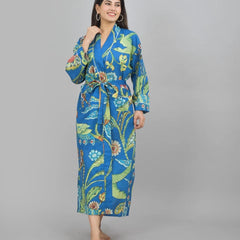 Blue Bird Floral Print Cotton Kimono Robe - Hand Block Print Bridesmaid Dressing Gown