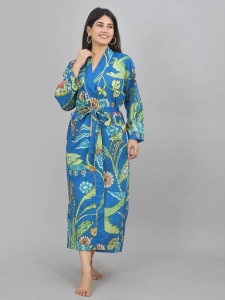 Blue Bird Floral Print Cotton Kimono Robe - Hand Block Print Bridesmaid Dressing Gown