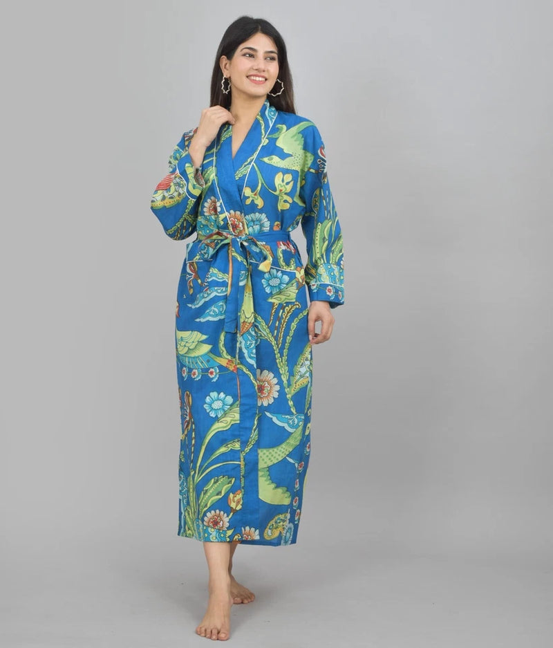 Blue Bird Floral Print Cotton Kimono Robe - Hand Block Print Bridesmaid Dressing Gown
