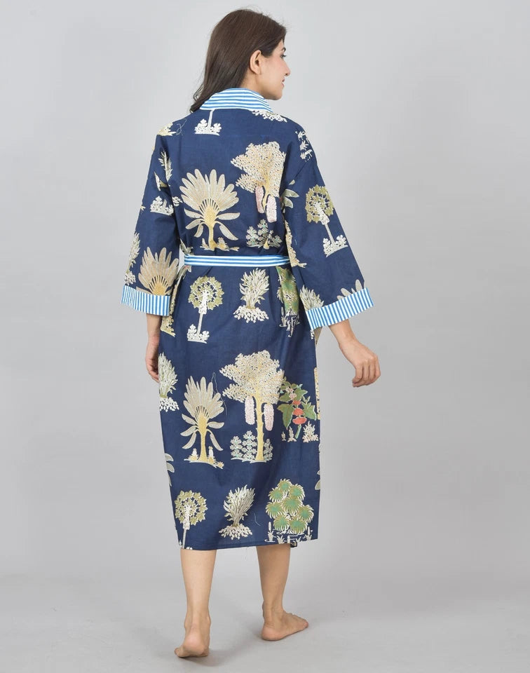 Floral Print Cotton Kimono Robe Dressing Gown - Hand Block Print 100% Cotton Bridesmaid Bathrobe with Pocket, Royal Blue Kimono Robe for Women
