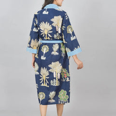Floral Print Cotton Kimono Robe Dressing Gown - Hand Block Print 100% Cotton Bridesmaid Bathrobe with Pocket, Royal Blue Kimono Robe for Women