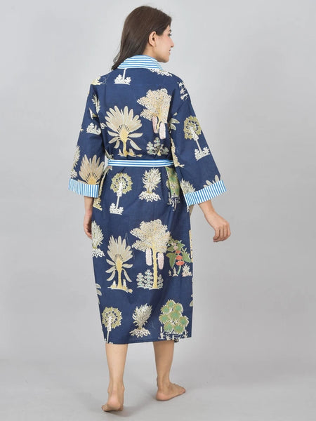 Floral Print Cotton Kimono Robe Dressing Gown - Hand Block Print 100% Cotton Bridesmaid Bathrobe with Pocket, Royal Blue Kimono Robe for Women