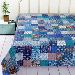 Rajasthan Decor Block Print Multicolour Cotton Jaipuri Kantha Double Bed Cover-Bed Spread - 3