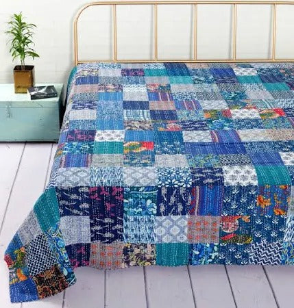 Rajasthan Decor Block Print Multicolour Cotton Jaipuri Kantha Double Bed Cover-Bed Spread - 3