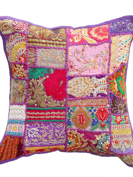 Handmade Indian Embroidered Patchwork Cotton Cushion Cover - 16x16 Inch (40x40 cm) - Artisan Home Decor for Sofa, Couch, Floor, Meditation & Ottoman - 9