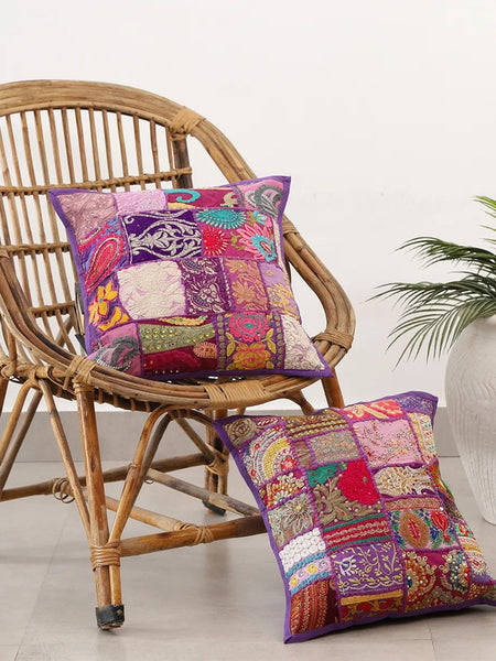 Handmade Indian Embroidered Patchwork Cotton Cushion Cover - 16x16 Inch (40x40 cm) - Artisan Home Decor for Sofa, Couch, Floor, Meditation & Ottoman - 9