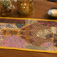 Vintage Cotton Yellow Table Runner — Khambhadiya Embroidery
