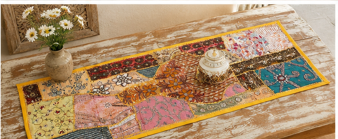 Vintage Cotton Yellow Table Runner — Khambhadiya Embroidery