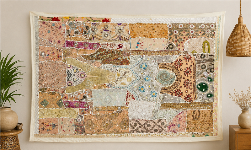 Large Cotton Wall Tapestry — Khambhadiya white Boho Bedroom Decor
