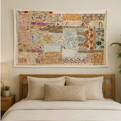 Large Cotton Wall Tapestry — Khambhadiya white Boho Bedroom Decor