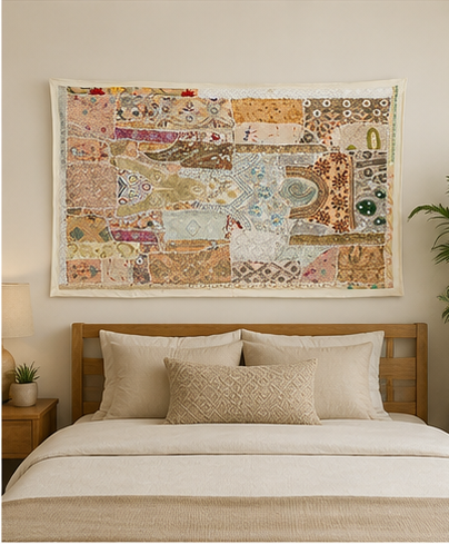 Large Cotton Wall Tapestry — Khambhadiya white Boho Bedroom Decor