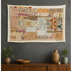 Large Cotton Wall Tapestry — Khambhadiya white Boho Bedroom Decor