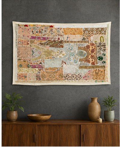 Large Cotton Wall Tapestry — Khambhadiya white Boho Bedroom Decor